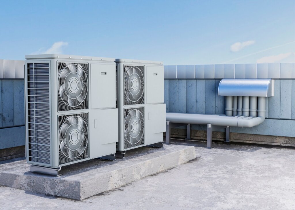 Buitenunit van een airconditioningsysteem geïnstalleerd op een dak in Utrecht - energiezuinige oplossing voor klimaatregeling.